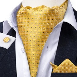 Mens Luxury Gold Check Blue Dot Silk Necktie Cravat Ascot Scrunch Self Tie Vintage Ascot Pocket Square Set Wedding Party DiBanGu