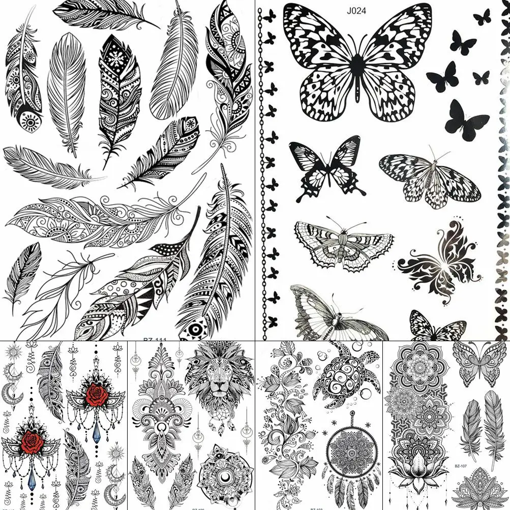 GoldOcean Black Indians Feather Women Wrist Arm Tattoos Stickers Fake Waterproof Butterfly Tattoo Tempaorary Body Ankle Tatto