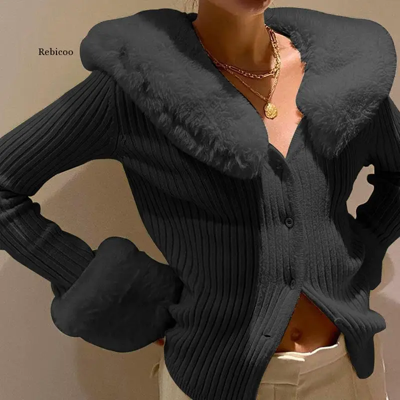 Sexy Ribbed Knitted Ladies Cardigans Sweaters with Fur Trim Collar Long Sleeve Slim Autumn Winter Jumpers Sweater Women Knitwear