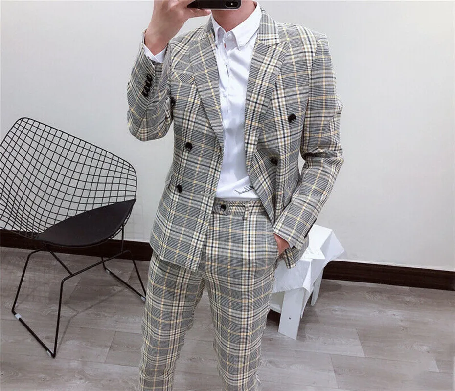 Latest New Style Smoking Plaid Men's Suit Double Breasted 2 Pieces Blazer Pants Tailored Formal Wedding Tuxedos Causal Prom  New