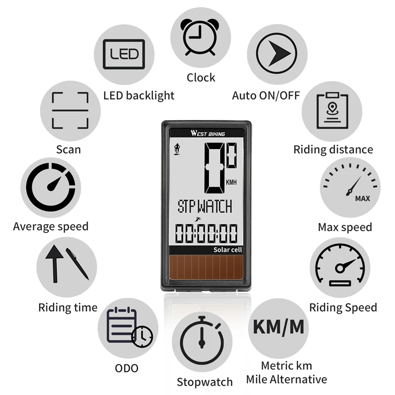 WEST BIKING 5 Languages Wireless Solar Bike Computer Auto ON/OFF Cycling Speedometer Waterproof Backlight Bicycle Stopwatch