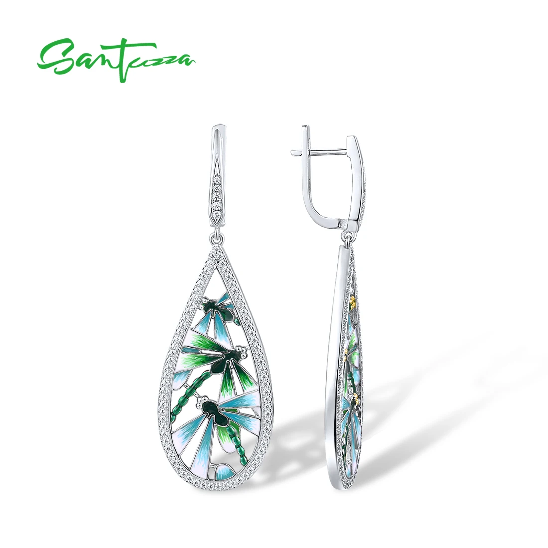 SANTUZZA 925 Sterling Silver Earrings For Women White CZ Green Enamel Dragonfly Oval Drop Earrings Trendy Fine Jewelry Handmade