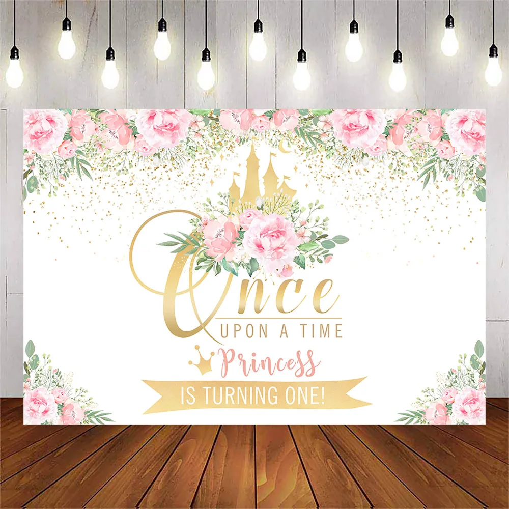 

1st Birthday Party Backdrop Castle Princess Photo Background Studio Pink Floral Backdrops Once Upon a time Backdrop Newborn kids