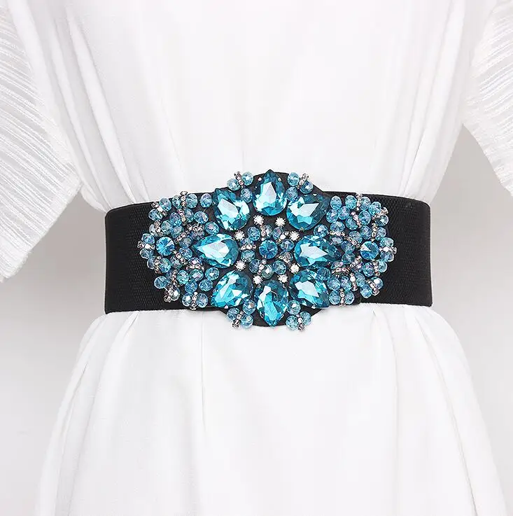 Women's runway fashion rhinestone beaded elastic Cummerbunds female Dress Corsets Waistband Belts decoration wide belt R2986