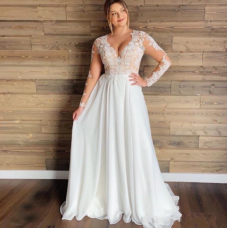 

Customized Customized Plus Size Wedding Dress 2025 V Neck Long Sleeves Chiffon Lace Appliques Beach Bridal Illusion Bride Gowns