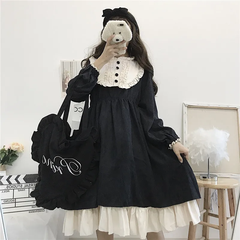 Japanese Vintage Harajuku Gothic Lolita Style Women Streetwear Midi Dress 2020 Autumn Stand Lantern Sleeve Loose Dresses Vestido