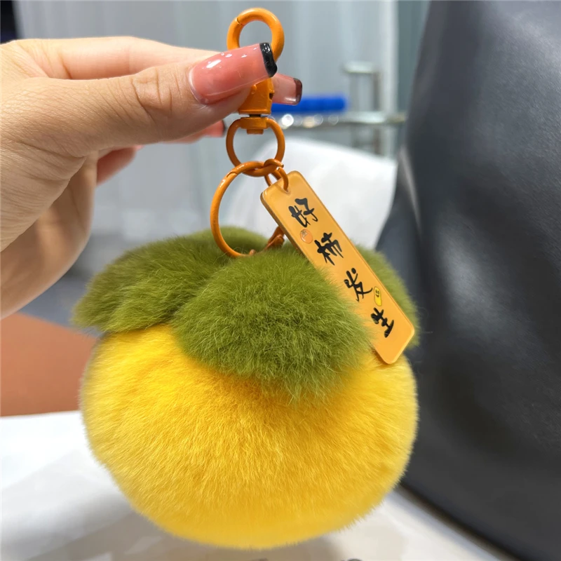 Plush Persimmon Real Rex Rabbit Fur Ball Keychain Trinkets Women Handbag Charm Pendant Jewelry Car Key Ring Fashion Cute Gift