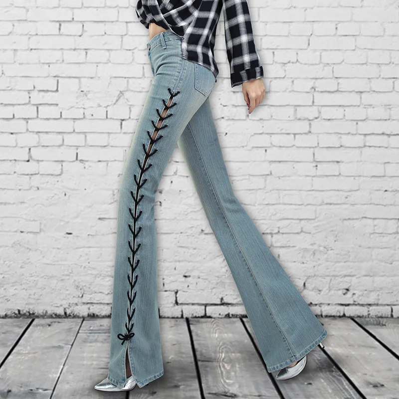 

Vintage Autumn Stretch Flare Jeans Woman Fashion Street Split Boot Cut Pants Streetwear Zip Slim Fit Denim Trousers Female