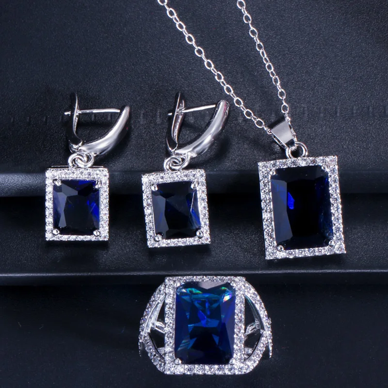 Pera High Quality 3Pcs Large Square CZ Zircon Fashion Women Engagement Party Silver Color Necklace Earrings Jewelry Set J201