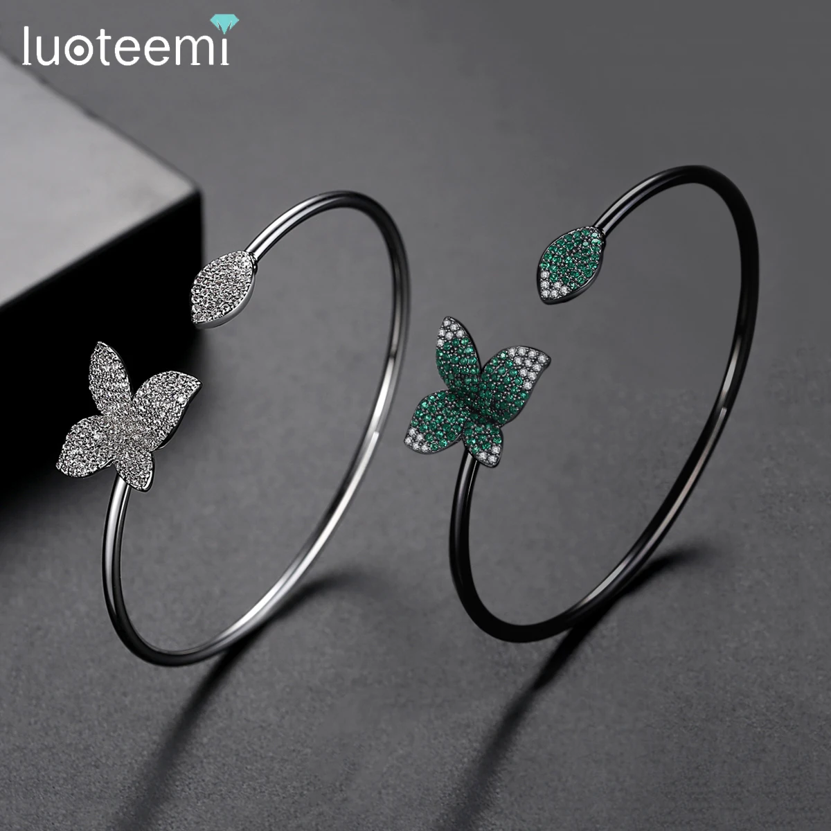 LUOTEEMI Fashion Lucky Leaf Cubic Zirconia Bracelet Bangle Trendy Baguette Cuff Bangles For Women Wedding Jewelry Friends Gifts