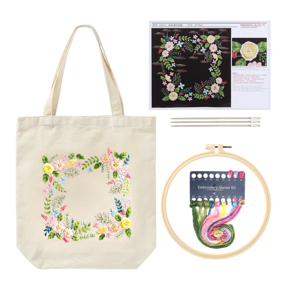 Canvas Tote Bag Embroidery Kit Flower Pattern DIY Needlepoint Kits Crafts Needle and Thread kit Embroidery kit for beginners