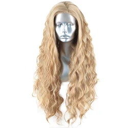 Websterwigs-Peluca de cabello sintético con malla frontal para mujer, postizo de fibra de alta temperatura, parte lateral, cuerpo largo ondulado, color rubio