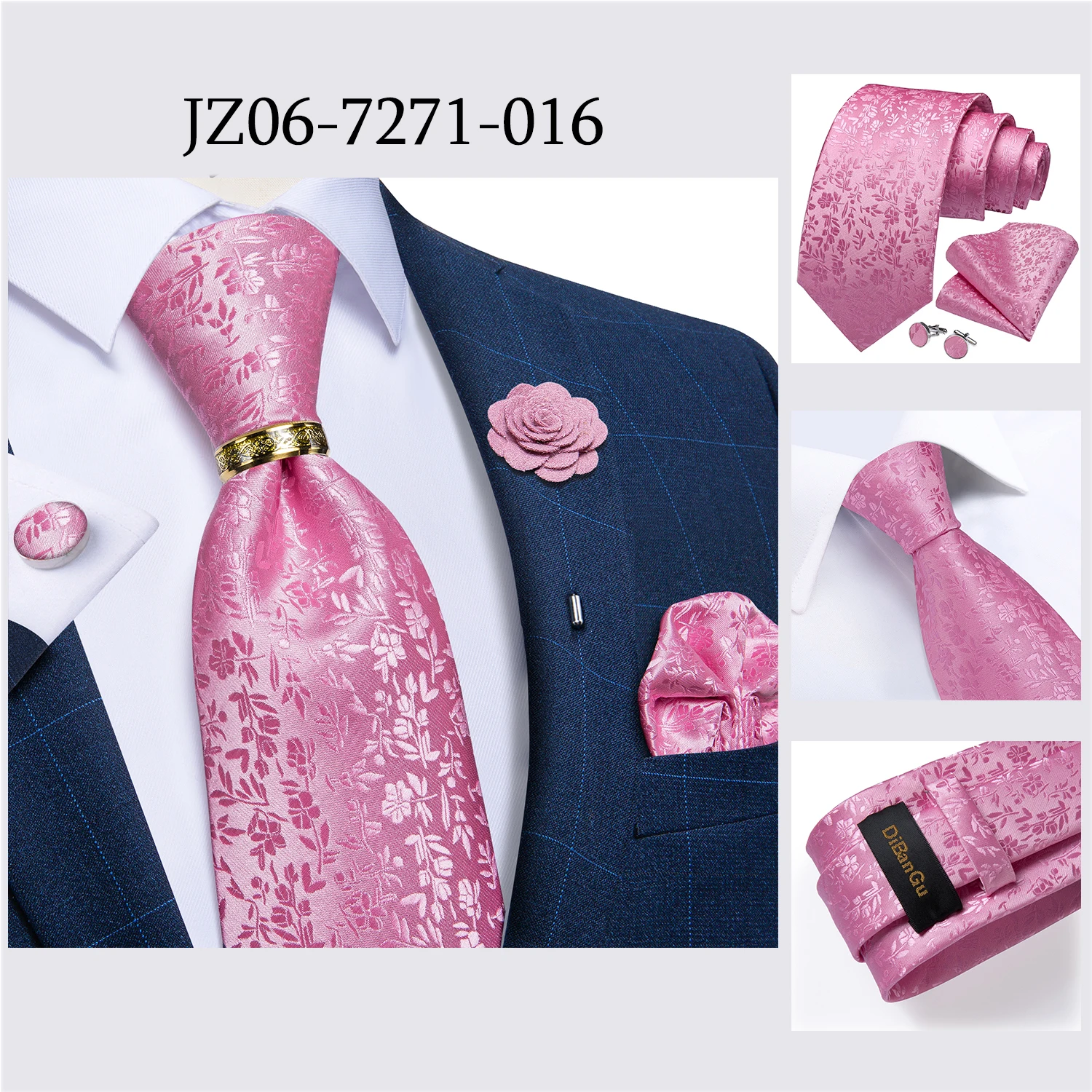 Handgefertigte Paisley-Blumen-Krawatte in Königsblau für Herren, klassische 8 cm breite gewebte Jacquard-Krawatte mit Einstecktuch, Manschettenknöpfen und Brosche – Detail 35