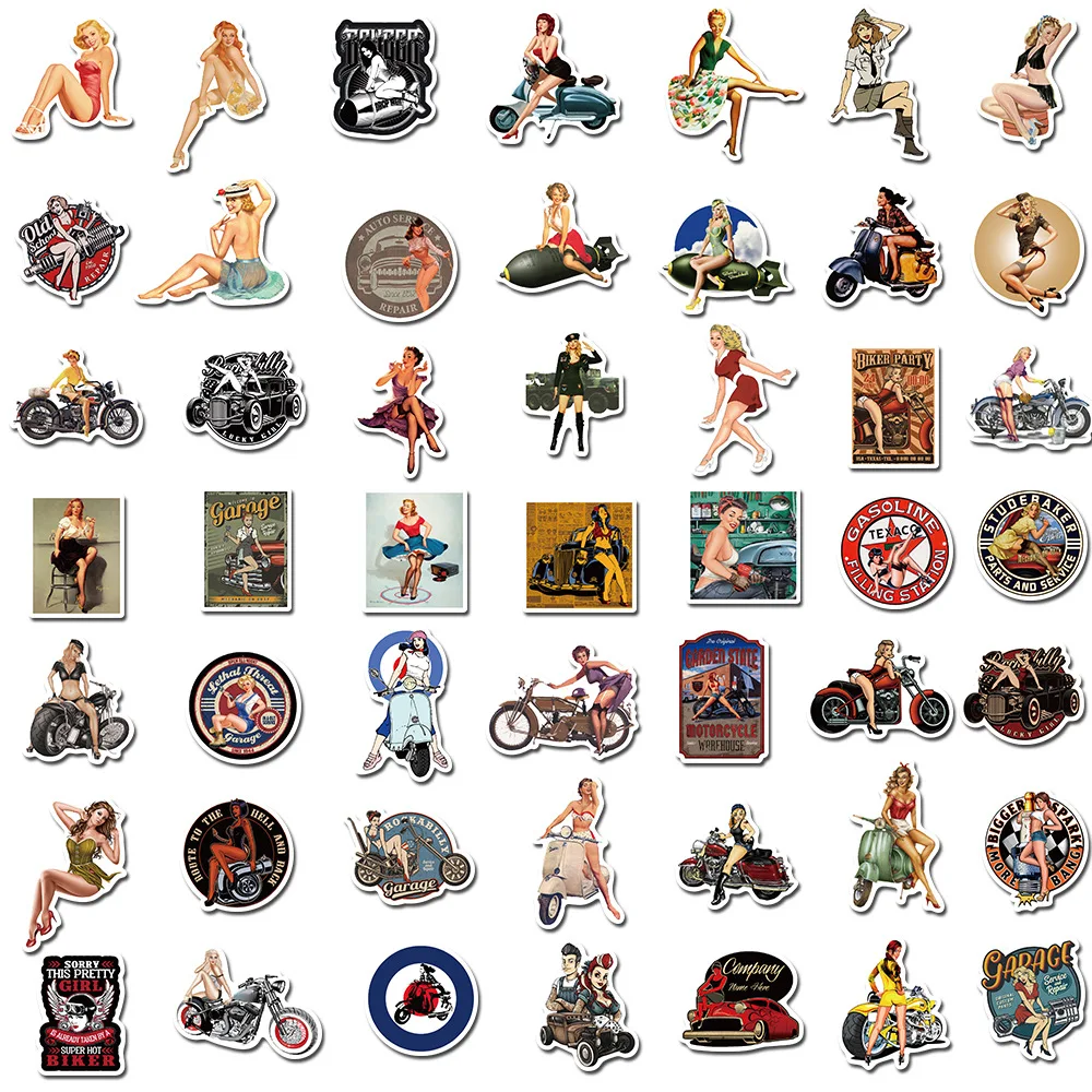 10/30/50/100pcs Retro Poster Motorcycle Girl Sticker for Laptop Motorcycle Skateboard Luggage Vintage Decal Toy Stickers Packs