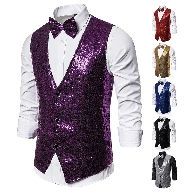 Hot Men Shiny Gold Sequin Glitter Embellished Blazer Waistcoat Night Club Blazer Wedding Party Waistcoat Stage Singers Clothing