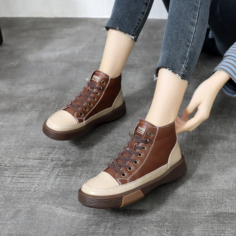 Women\'s  Genuine Leather Autumn Shoes First Layer Cowhide Vulcanized Shoes Ladies Comfortable Warm Winter Casual Sneakers Flats