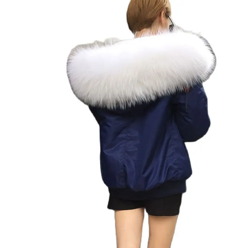 Fashion Navy Bomber Short Style Winter Causal Wear,White Huge Raccoon Collar Mr Mrs Wear