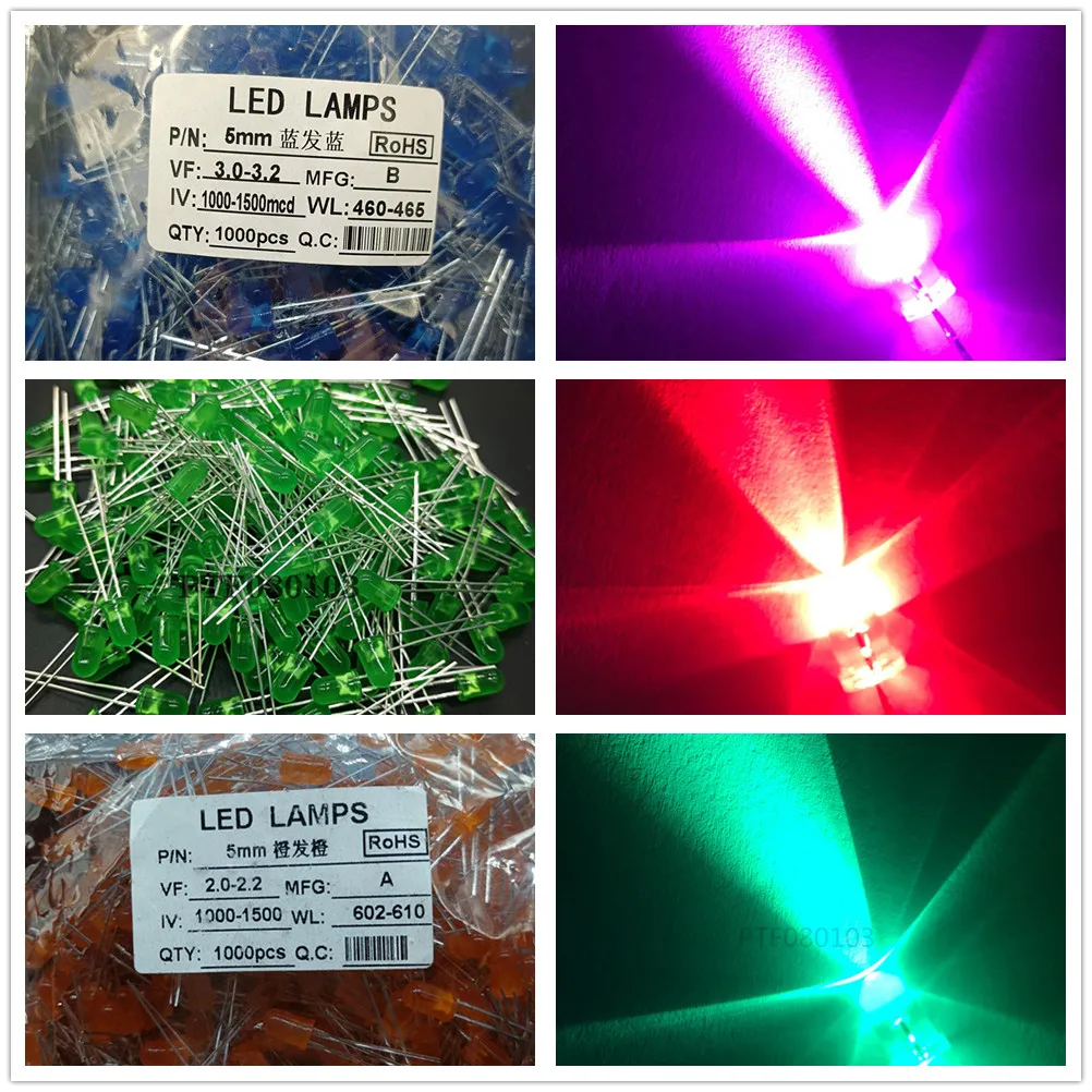 100PCS/LOT Short Legs 16MM UltraBright Red/Green/Blue/White/Yellow Ultra Bright 5mm Round LED Diode F5 3.0-3.2V