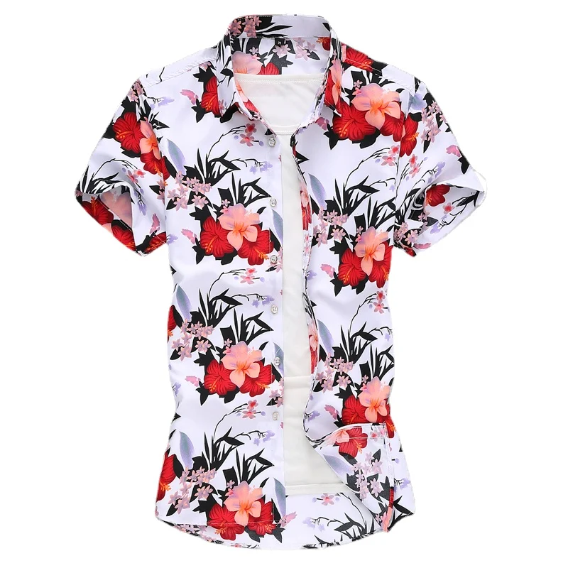 Summer White Print Short Sleeved Shirt, Men\'s Single Breasted Lapel Shirts, Blue Black Purple Camisa Big Size S-5XL 6XL