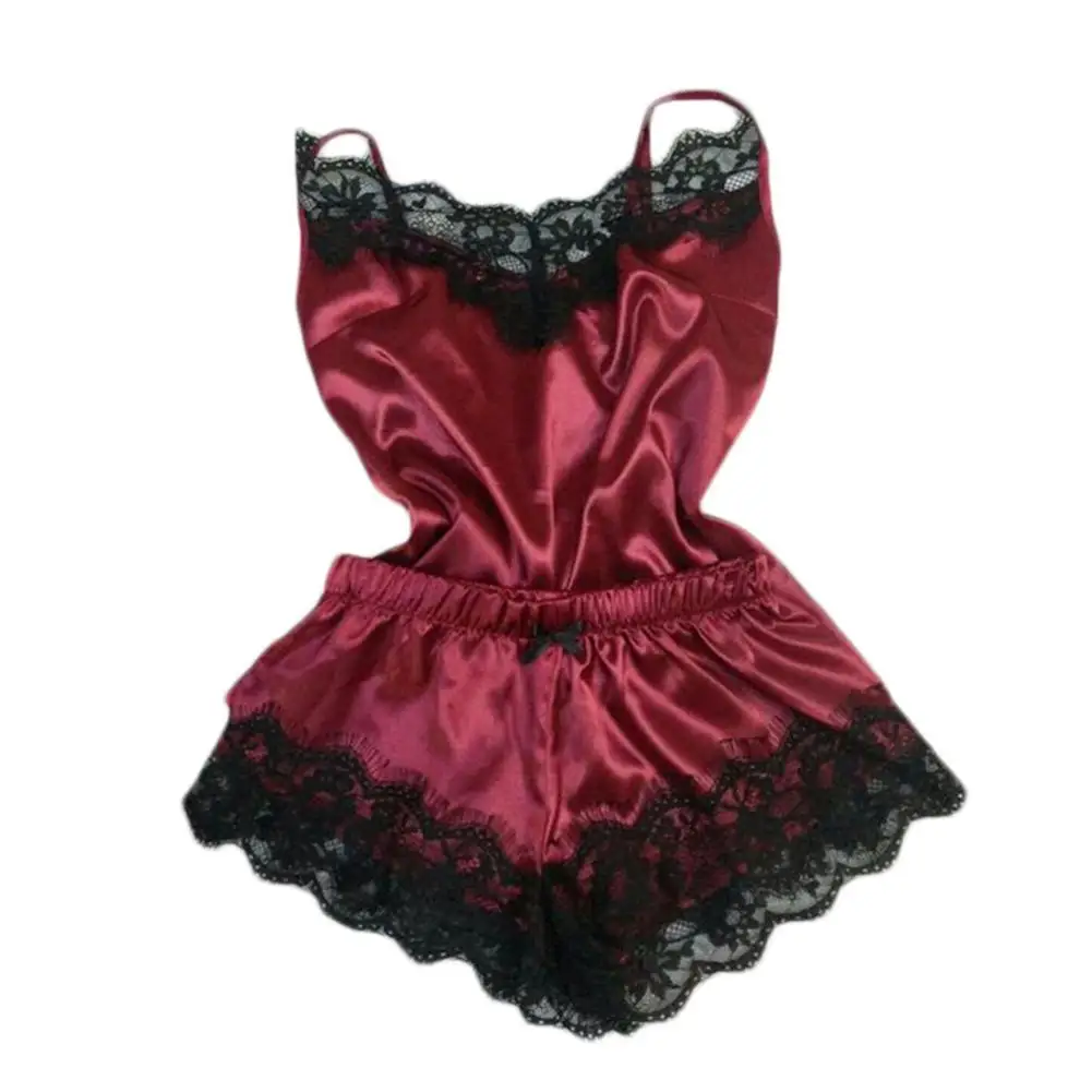 2Pcs/Set Sexy Women Silky Velvet Lace Strap Vest Top Shorts Sleepwear Outfit