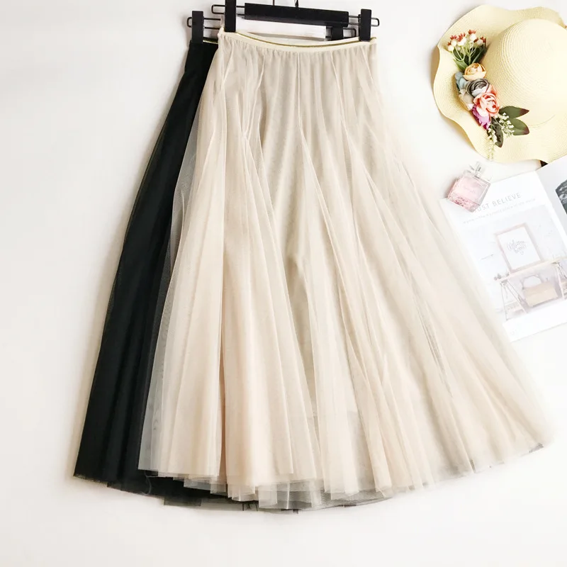 

Summer Mesh Women Pleated Skirt Solid High Waist A Line Tulle Skirts Chic Long Maxi Tutu Skirt Holiday Beach Tulle Skirt