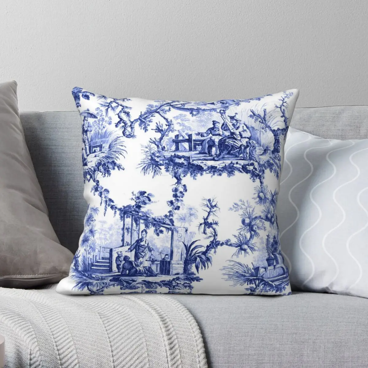 

Blue Chinoiserie Toile Square Pillowcase Polyester Linen Velvet Pattern Zip Decor Home Cushion Cover