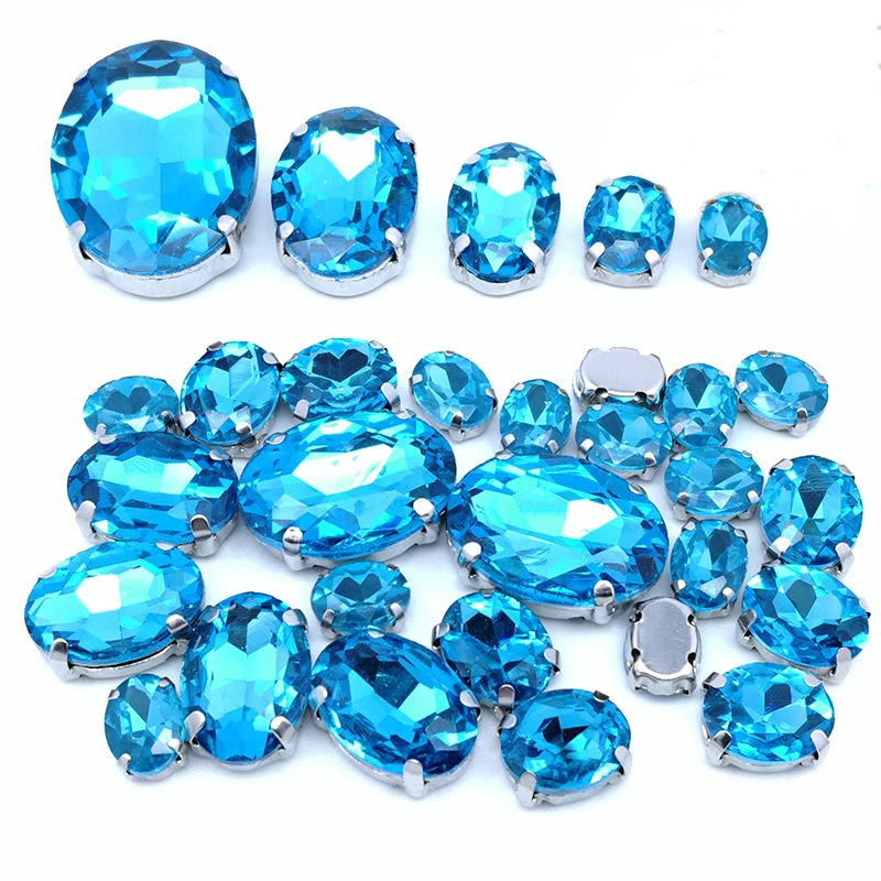 5 SIZES 30PCS ! Light Sapphire oval shape Glass Crystal sew on rhinestones with calw Diy wedding decoration
