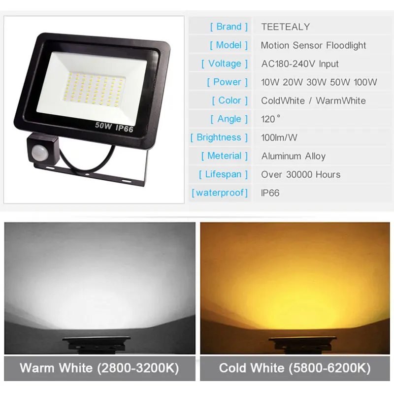 10W 20W 30W 50W 100W Led Flood Light With Adjustable PIR Sensor SMD 2835 Floodlights Outdoor Lighting For Street Square