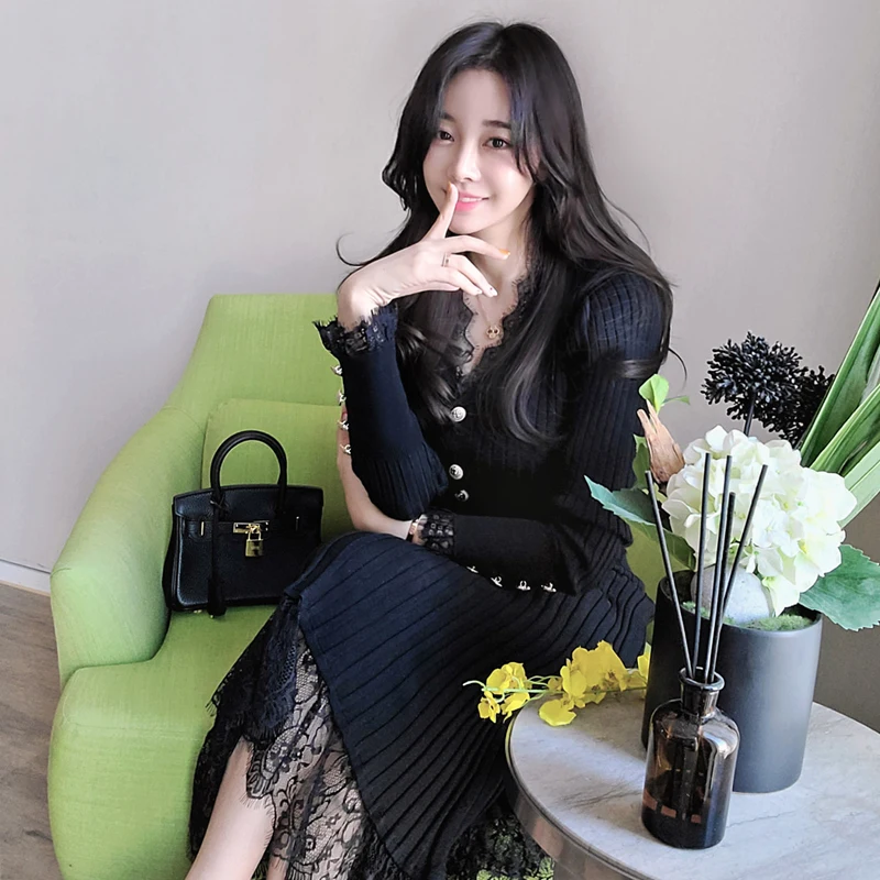 New Winter Knitted Two Piece Set Korean Women V Neck Sweater Cardigan + Bodycon Lace Patchwork Knit Pleated Midi Skirts Suit