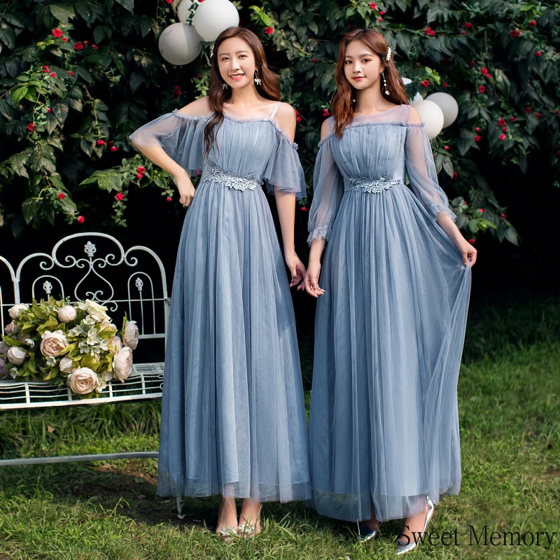 

Long Dress Sweet Memory Summer Women A-line Ankle-length Pink Champagne Gray Blue Party Vestidos Mesh Bridesmaid Dresses