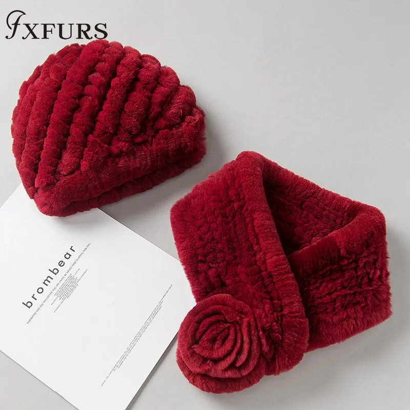 

2020 New Women Rex Rabbit Fur Hats Real Fur Scarves One Set Winter Warm Fur Caps Rings Russian Rabbit Fur Beanies Wraps Female