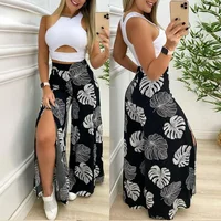 Traje de verano para mujer, camiseta sin mangas con recortes lisos y pantalones de pierna ancha divididos con estampado Tropical