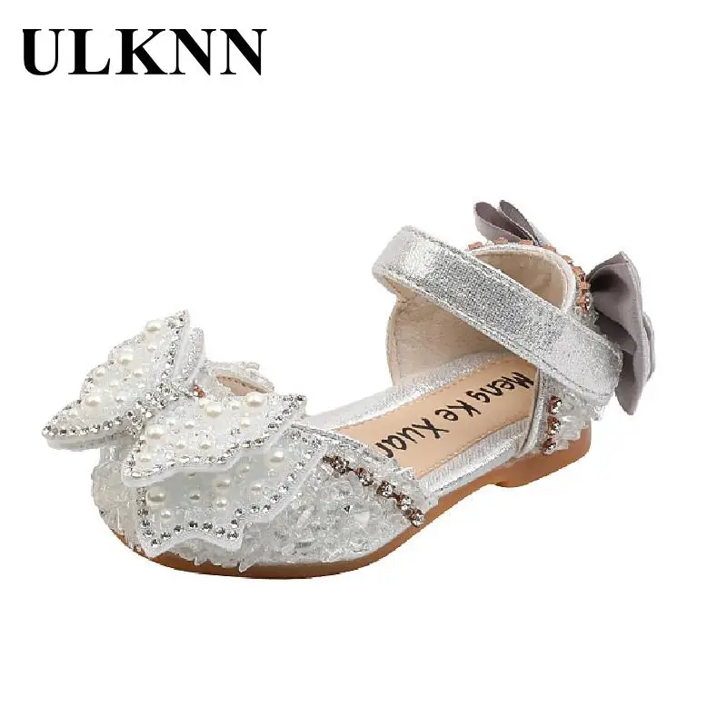 ULKNN Kid's Pink Bow Shoes Girl's Silver Flats Shoe Child Bowknot Rhinestone Princess Girls Shoes Size 21-36 Dance Shoe