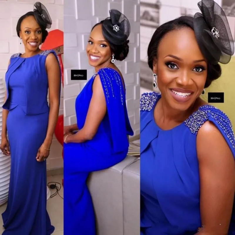 

2025 African Royal Blue Long Prom Dresses Beaded Sleeveless Mermaid Arabic Evening Formal Gowns vestidos de festa