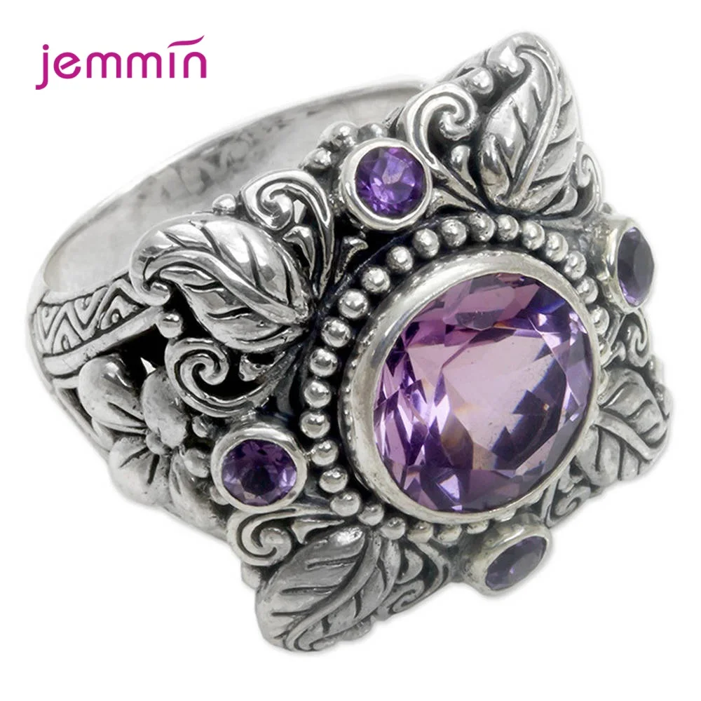 

Luxury Purple Crystal Rings Genuine 925 Silver Rings Flower Leaf Retro Style Top Selling Multiple Sizes For Choice