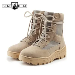 Mens Antiskid Platform High Top Shoes Ankle Boots Lace Up Spliced Genuine Leather Army Tactical Desert Botas Male Casual Shoes