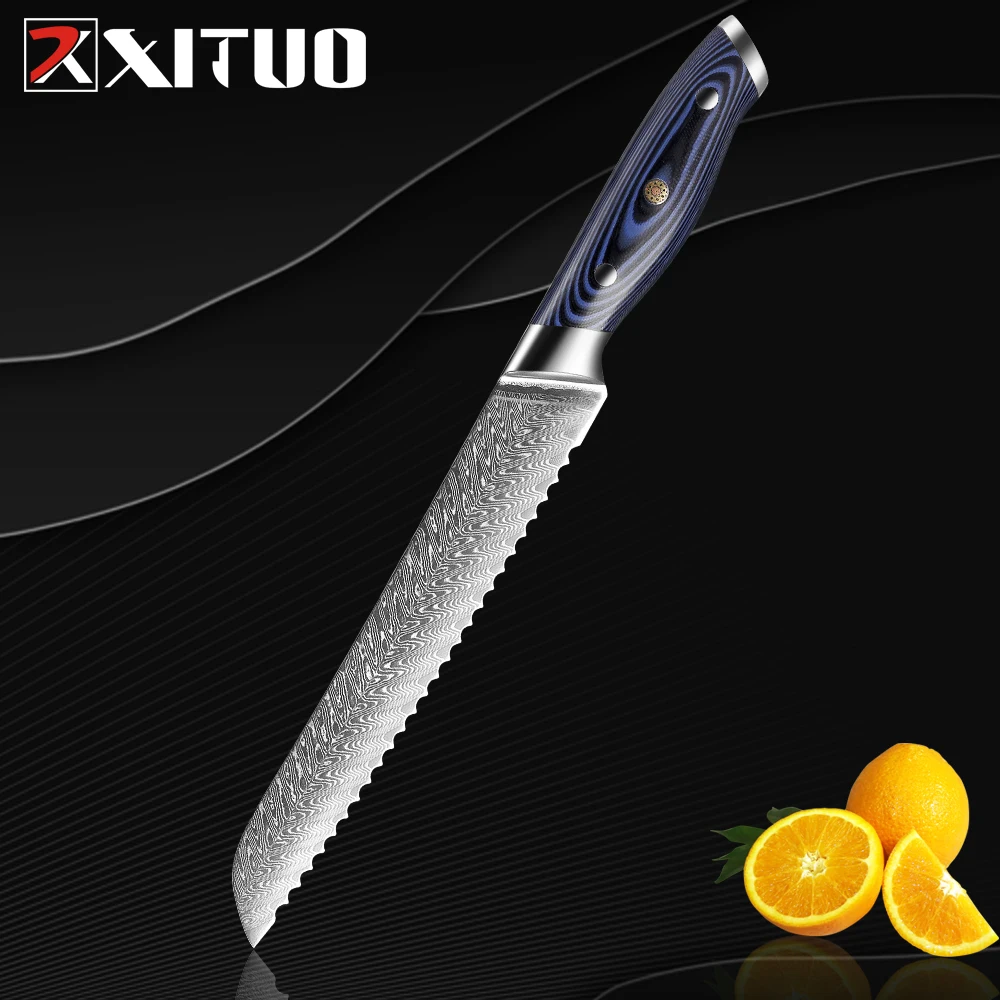 XITUO Damascus Steel Bread Knife 8 inch Serrated Kitchen Knife Cutter For Cutting Bread Cheese Cake Baking Knife Blue G10 Handle