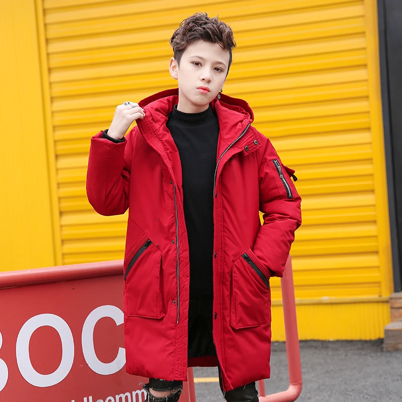 FYH New Kids Clothing Winter Boys Hooded Warm Down Coat Big Boys Long Parkas School Children Winter Jackets Thickening Outerwear