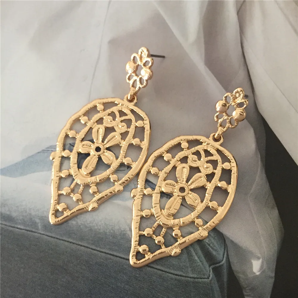 Bohemia Gold Color Plating Flower Filigree Leaf Shape Drop Earrings For Women Antique Vintage Casual Jewelry Accessory