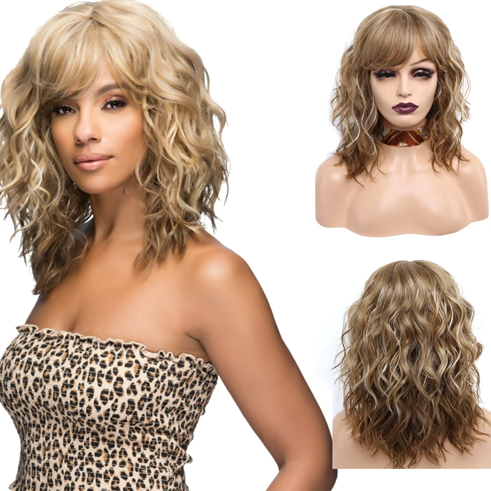 Amir Short Bob Wig Synthetic Natural Side Bangs Curly Heat Resistant Hair for Women Blonde Natural Wave Shoulder Length Cosplay