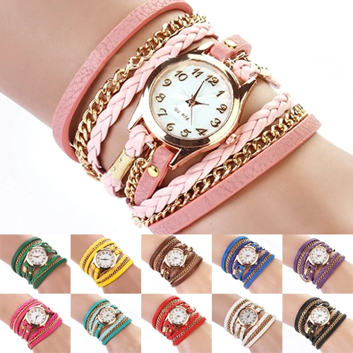 Armbanduhr Frauen Vintage mehr schicht ige Kunstleder legierung geflochtenes Armband Armbanduhr Schmuck Frauen Quarzuhr Armband