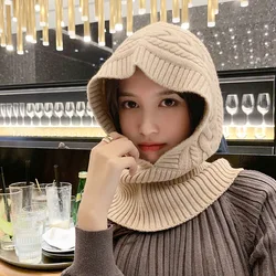 2023 Solid Twist Knitted Winter Hats For Women Scarf Hood Head Women Warm Snood Neck Collar Shawl Wraps Windproof bonnet Caps
