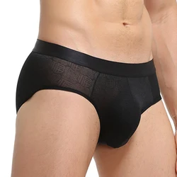 Super Soft Comfortable Underwear Ice Silk Sheer Transparent Mesh Men's Briefs Printed Shorts Sexy Exotic Low-Waist Underpants