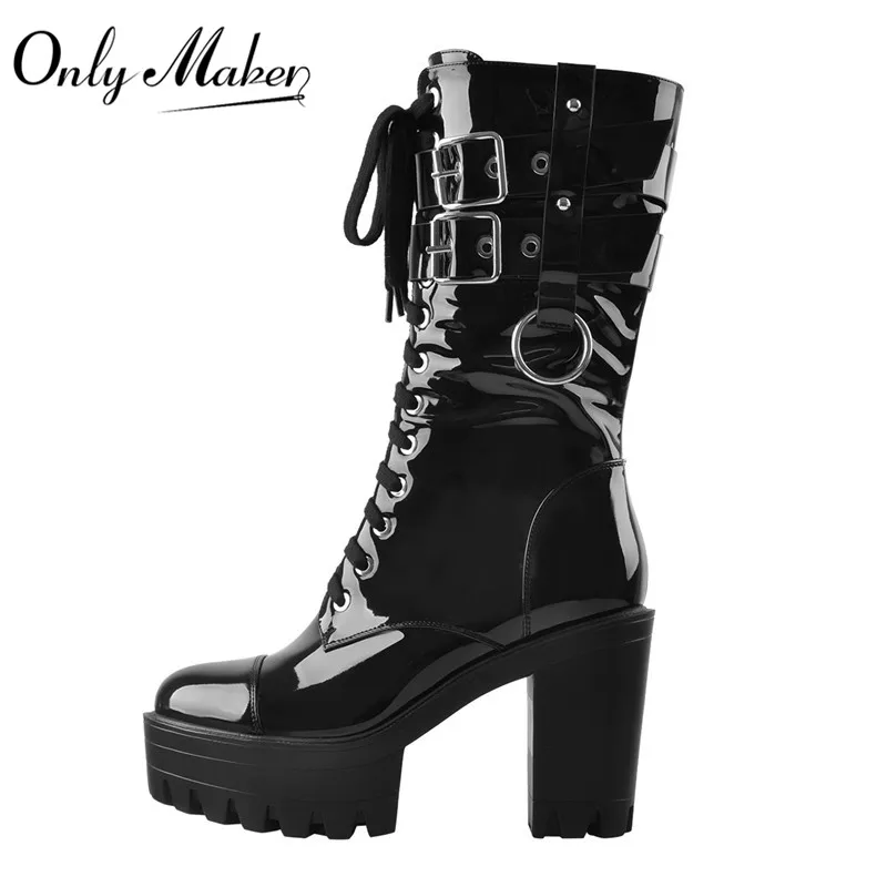 Onlymaker Women Black Platform Punk Boots Patent Leather Lace Up Mid Calf Chunky High Heels Side Zip  Motorcycle Boots