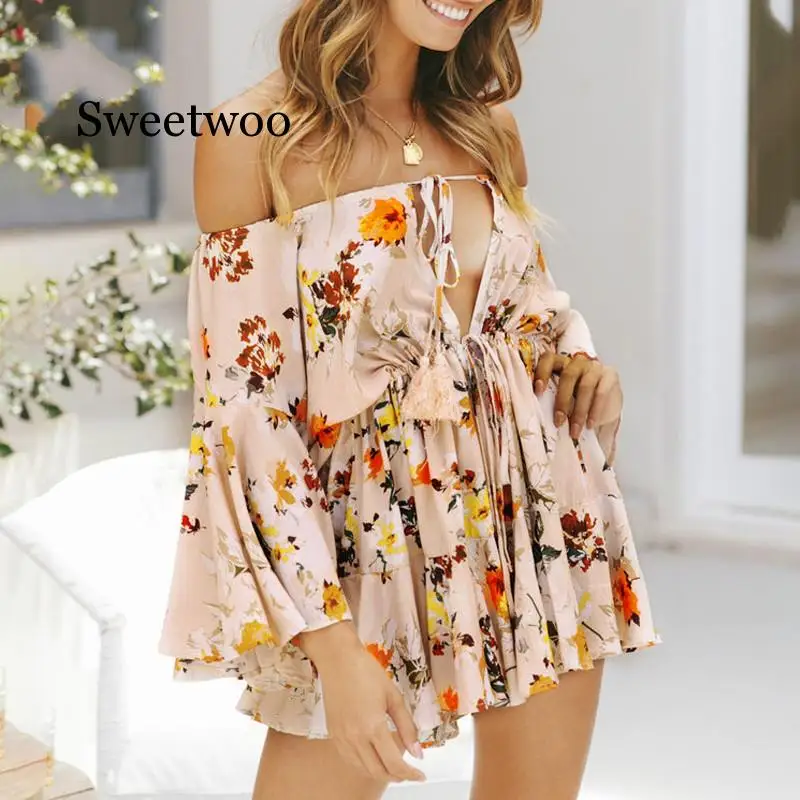 

Off Shoulder Yellow Sexy Playsuits Women Big Flare Sleeve red Jumpsuits Summer Beach Party Casual Lace Up Romper