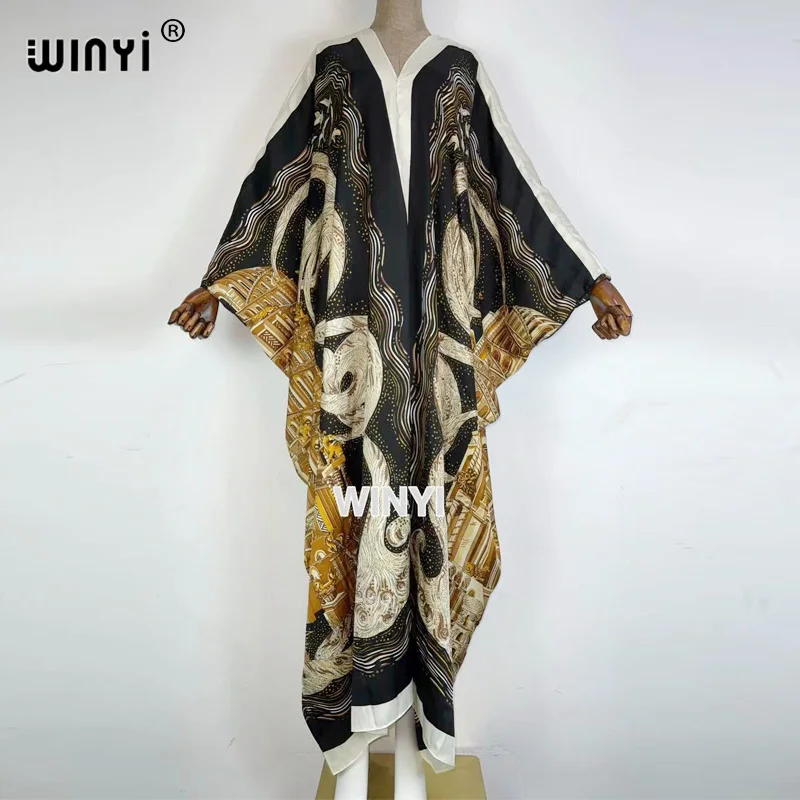 

High-quality WINYI runway dress 2021 Bahrain boho dress Color Print Bohemia Loose Elegant Muslim Abaya Bazin Robe Gowns