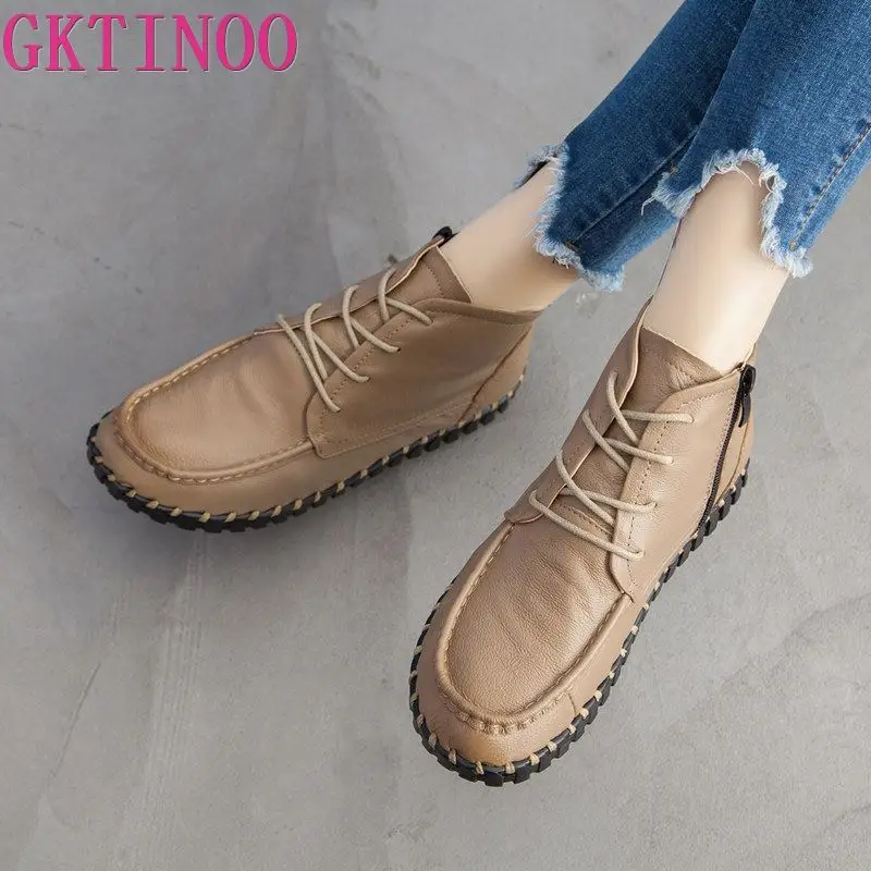 

GKTINOO 2024 Vintage Style Genuine Leather Women Boots Flat Booties Soft Cowhide Women's Shoes Ankle Boots zapatos mujer