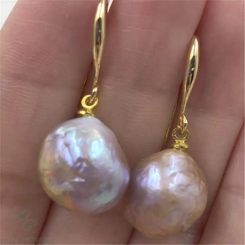 Huge pink baroque pearl earrings 18K gold plating dangler party earbob