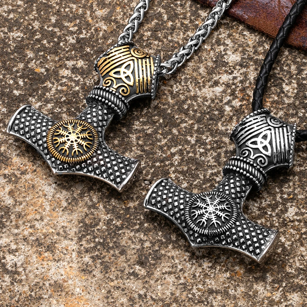 Herren-Halskette aus Edelstahl mit Wikinger-Thor-Hammer-Anhänger, doppelseitiger nordischer Anker-Amulett-Anhänger, skandinavischer Vintage-Schmuck. – Detail 4