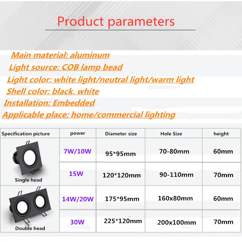 Glanzend Vierkant Verzonken Wit Zwart Led Plafondlamp Dimbaar Led Cob 7W 10W 14W 20W Decor AC85-265V